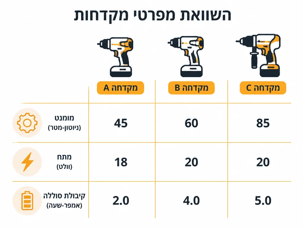 אינפוגרפיקה המשווה מומנט סיבוב מתח סוללה וקיבולת במברגה