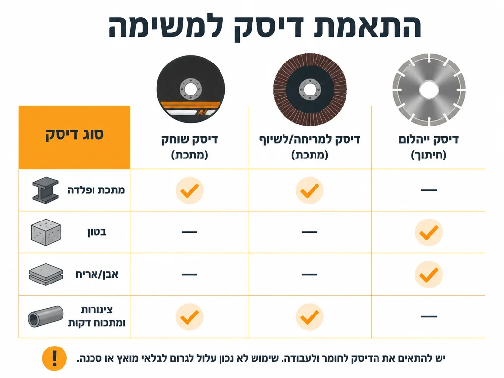 אינפוגרפיקה איזה דיסק למשחזת זווית מתאים לכל חומר