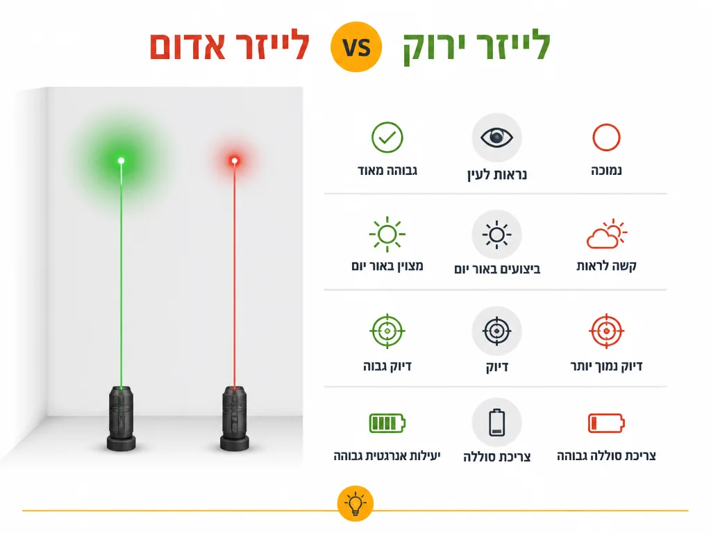 השוואת נראות בין קרן לייזר ירוקה לאדומה לפי אור יום ומרחק
