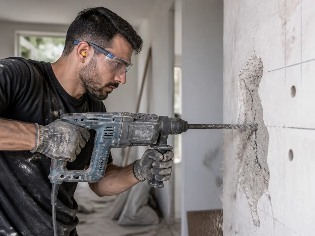 בעל מקצוע קודח בקיר בטון בעזרת פטישון SDS Plus באתר שיפוץ