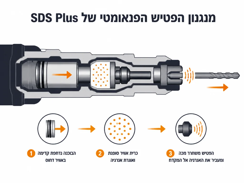 אינפוגרפיקה המסבירה את מנגנון ההלמה הפנאומטי של פטישון SDS Plus