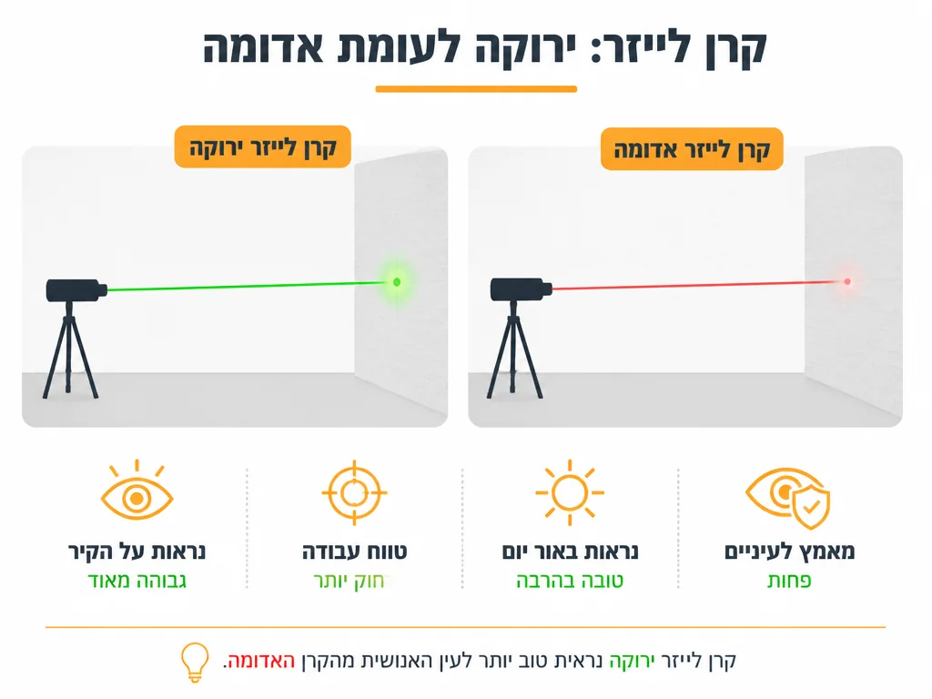 אינפוגרפיקה המשווה לייזר ירוק מול אדום לפי נראות טווח ודיוק