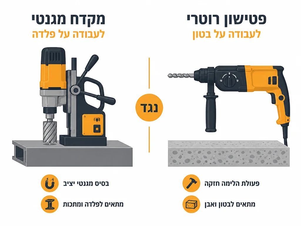 מתי בוחרים מקדחה מגנטית ומתי פטישון לפי סוג החומר פלדה או בטון