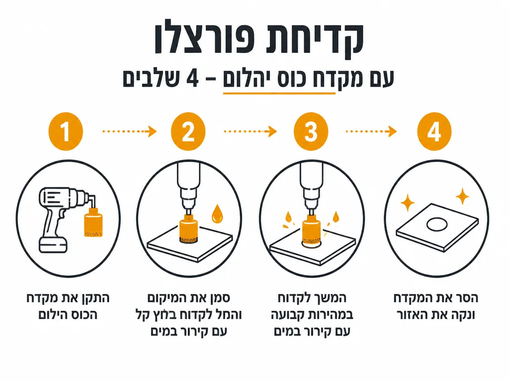 אינפוגרפיקה של שלבי קידוח נכון בפורצלן עם מקדח כוס יהלום