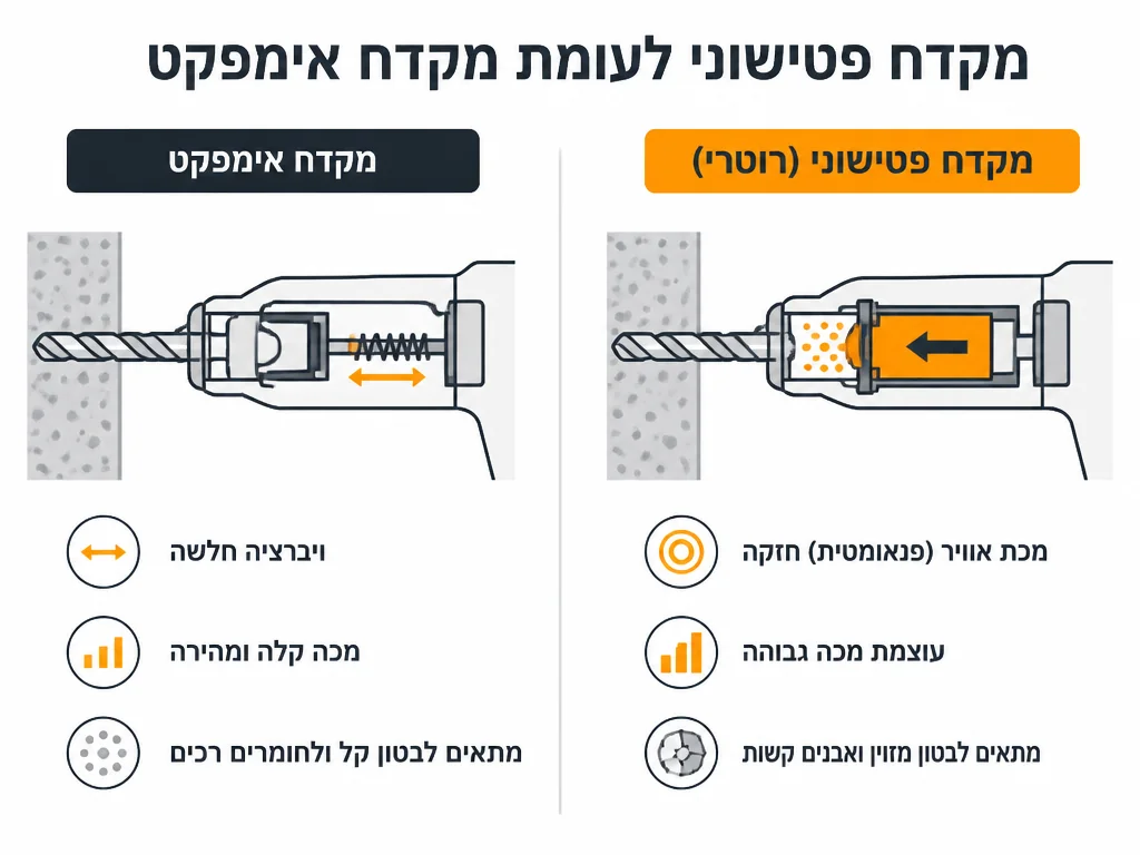 השוואת מנגנון ההקשה בין מקדחה רוטטת לפטישון SDS Plus לקידוח בבטון