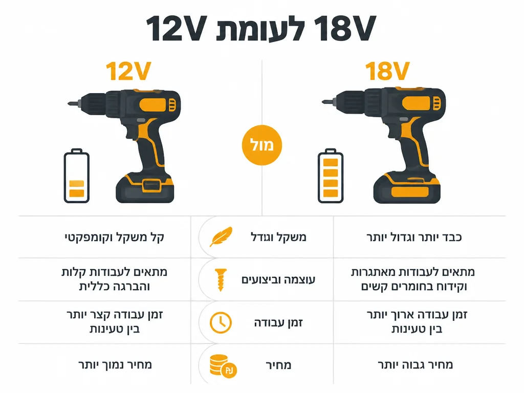 אינפוגרפיקה המשווה מקדחה מקיטה 12V מול 18V
