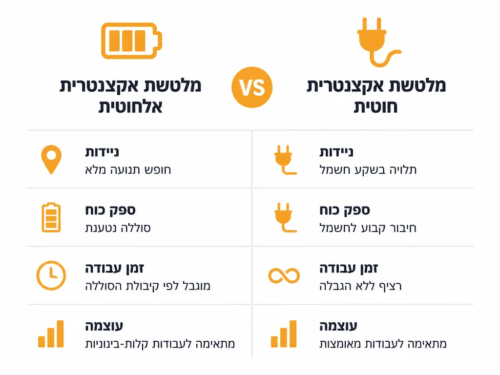 אינפוגרפיקה המשווה מלטשת אקצנטרית נטענת מול חשמלית עם כבל