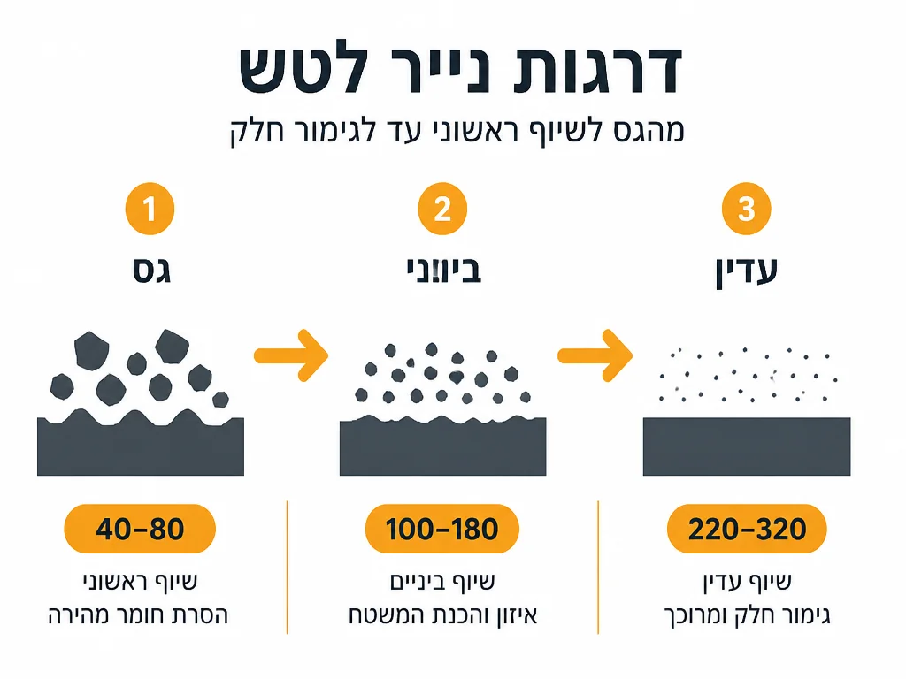 אינפוגרפיקה של מעבר בין דרגות נייר לטש מגס לעדין