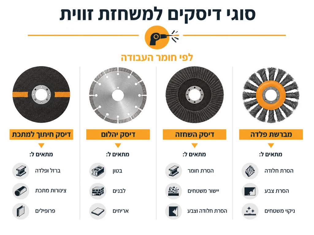 אינפוגרפיקה של סוגי דיסקים למשחזת זווית לפי חומר עבודה