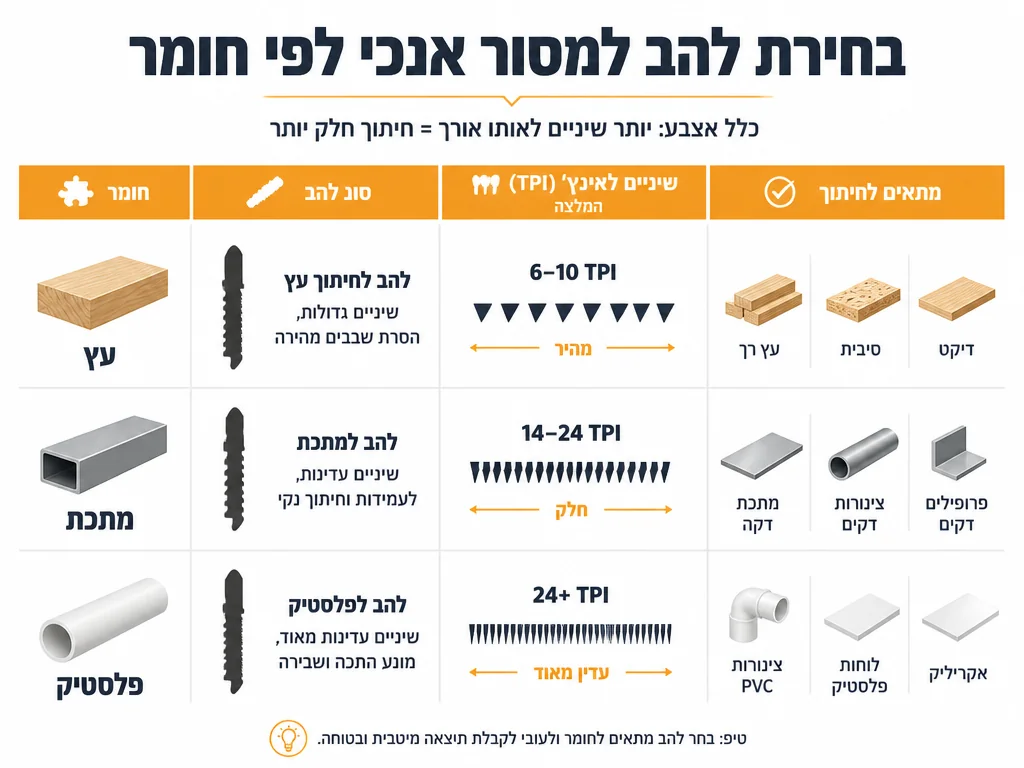 אינפוגרפיקה של בחירת להב למסור אנכי לפי חומר עבודה