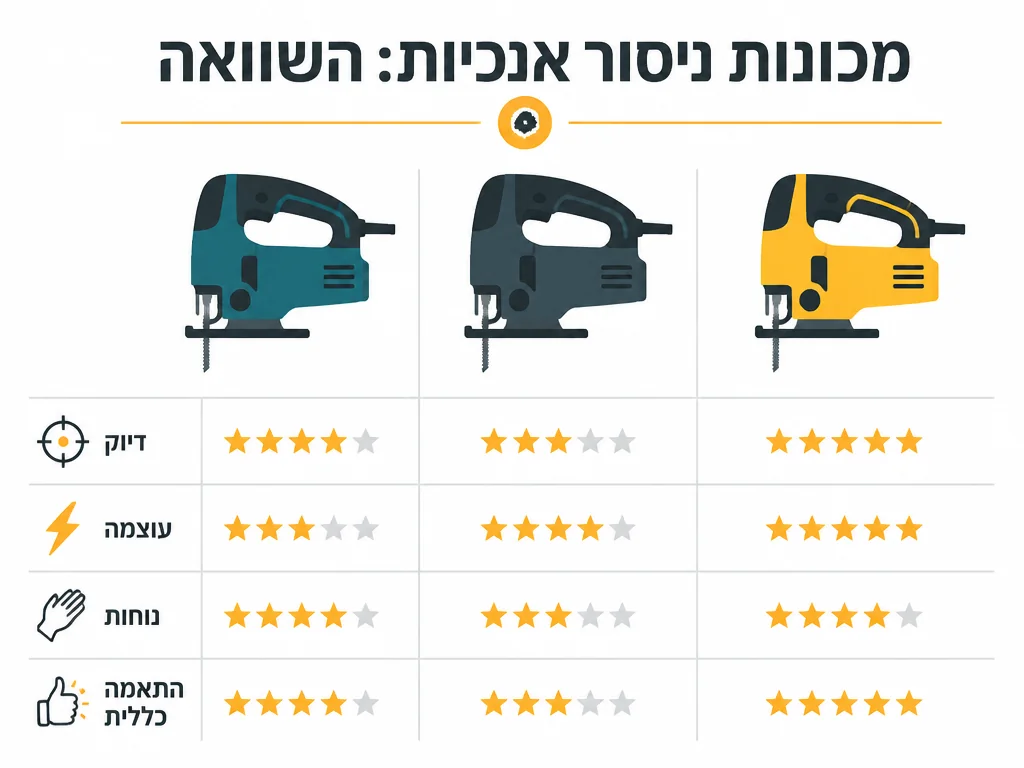 אינפוגרפיקה השוואת מסור אנכי מקיטה מול בוש ודיוולט לפי דיוק והספק