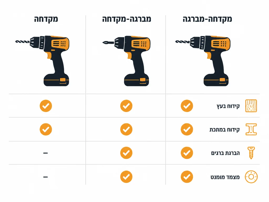 אינפוגרפיקה המשווה מקדחה מברגה וכלי משולב לפי קידוח והברגה