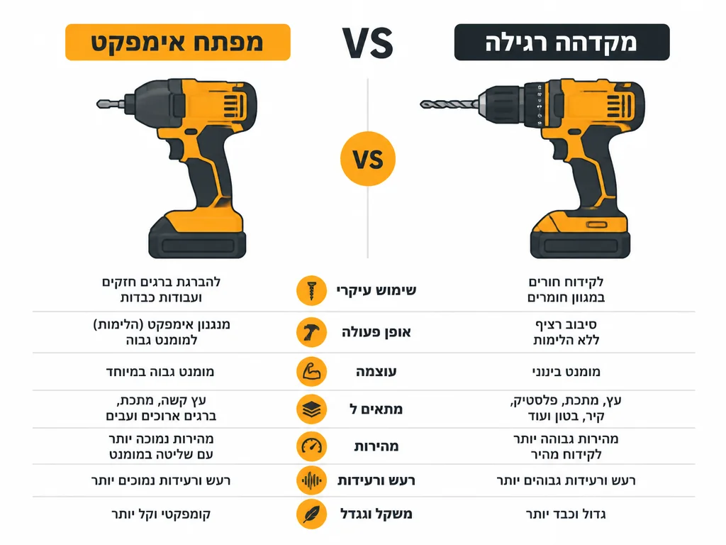 אינפוגרפיקה המשווה מברגת אימפקט למברגה רגילה