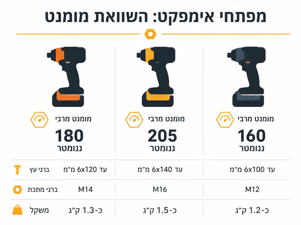 אינפוגרפיקה השוואת מברגת אימפקט מקיטה מול דיוולט ובוש לפי מומנט