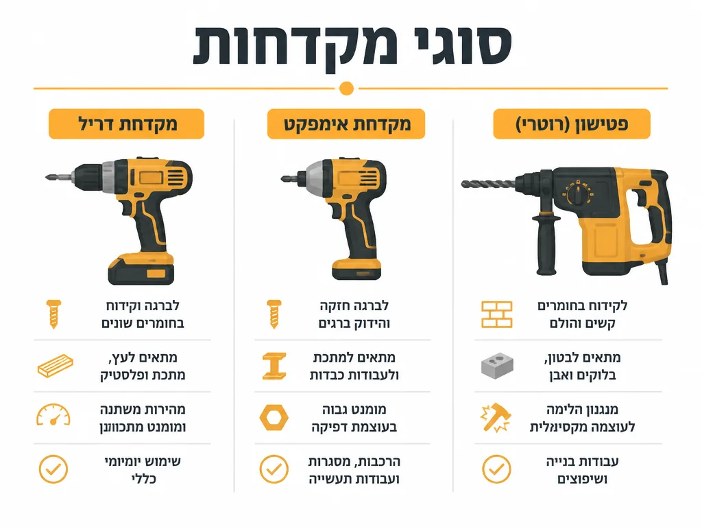 אינפוגרפיקה של סוגי מקדחות ומתי משתמשים בכל אחת