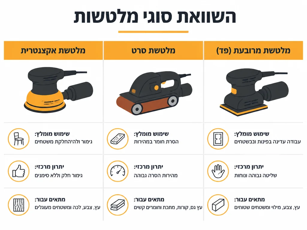 אינפוגרפיקה המשווה מלטשת אקצנטרית מלטשת סרט ומלטשת פלטה