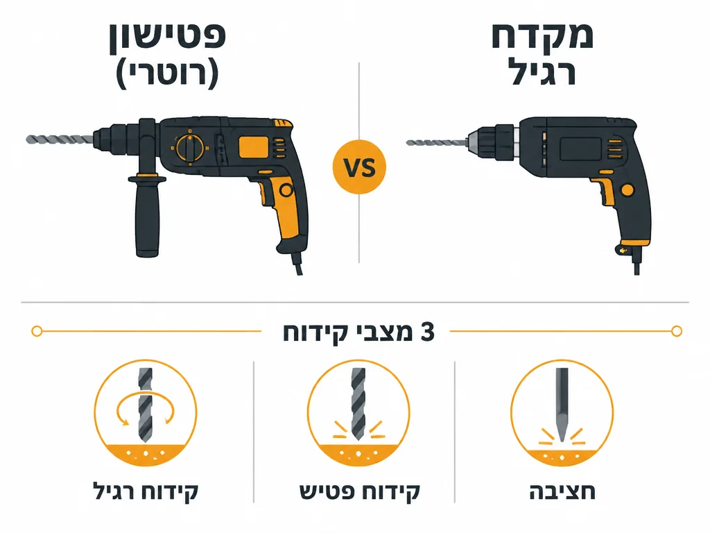 אינפוגרפיקה השוואה בין פטישון למקדחת הלם ומקדחה רגילה