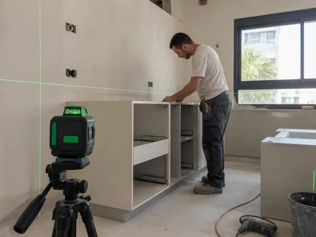 פועל מיישר קו לתליית ארונות מטבח בעזרת פלס לייזר ירוק