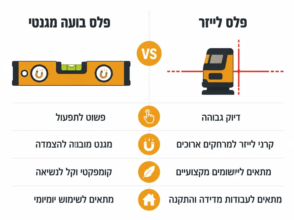 השוואה בין פלס מגנטי לפלס לייזר לפי מחיר ודיוק בעבודות בית
