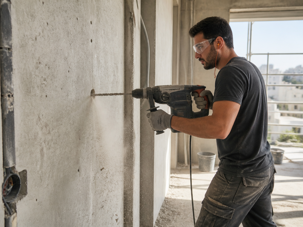 בעל מקצוע קודח בקיר בטון בעזרת פטישון SDS Plus באתר שיפוץ