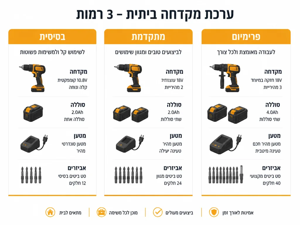 אינפוגרפיקה של שלוש רמות סט מקדחה לבית ומה כלול בכל אחת